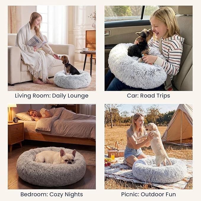 JOLLYVOGUE Small Dog & Cat Beds for Indoor Cats - 20 inches Calming Donut Dog Bed for Kittens & Puppies, Washable Round Fluffy Plush Faux Fur Pet Beds (Smoke Grey)