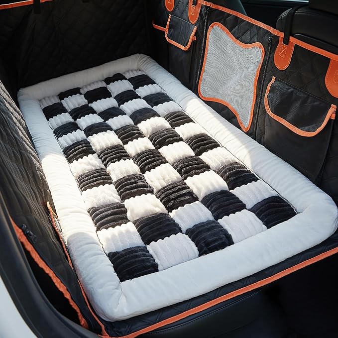 Soulbond Backseat Pet Bed Mat,Dog Bed for Car,Fuzzy Dog Seat Cover for Car Back Seat, Non-Slip Travel Pet Mat, Fit for Backseat Extenders and Seat Covers (White and Black)