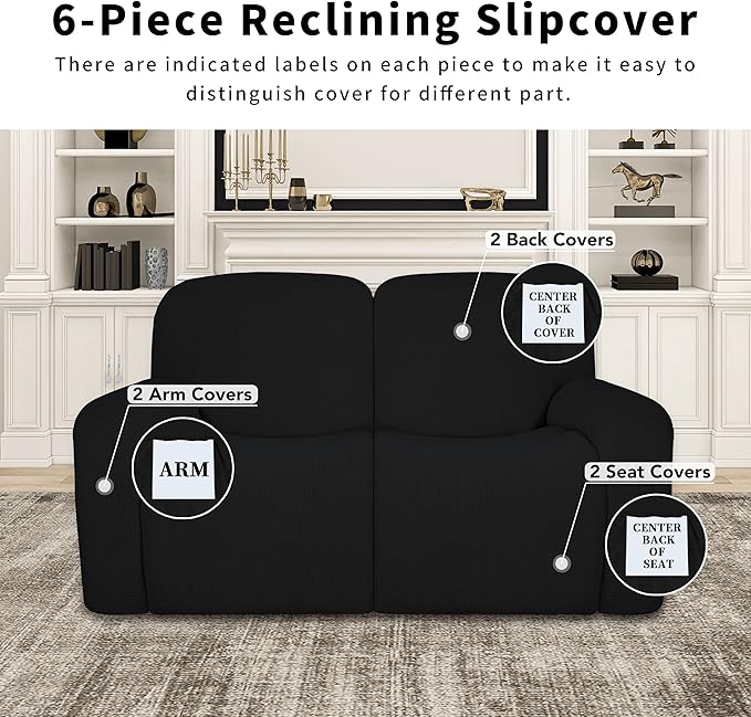 Easy-Going 100% Dual Waterproof Recliner Loveseat Cover, 6-Pieces Stretch Relining Sofa Cover with Pocket, Jacquard 2 Seat Sofa Slipcover Leakproof Washable (Loveseat, Black)