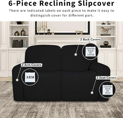 Easy-Going 100% Dual Waterproof Recliner Loveseat Cover, 6-Pieces Stretch Relining Sofa Cover with Pocket, Jacquard 2 Seat Sofa Slipcover Leakproof Washable (Loveseat, Black)