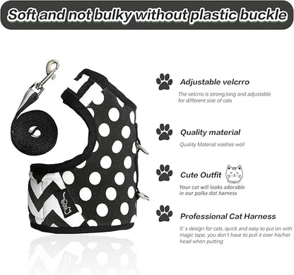 Cat Harness and Leash for Walking Escape Proof, Adjustable Cat Vest Harness, Padded Stylish Cat Walking Jackets, Polka Dot Black, X-Small