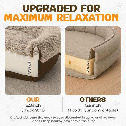 Fluffy Orthopedic Dog Bed for Extra Large Dogs, Calming Plush Sofa Bed with Curved Bolster Support and Egg-Crate Foam Base, 48" Cozy Oval Pet Donut Bed with Washable Cover, Coffee