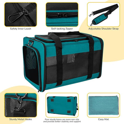 Hipubby Cat Carrier Dog Carrier for Pets Up to 16 Lbs, Soft-Sided Pet Travel Carrier for Cats and Small Dogs, Airline Approved Pet Carrying Case with Shoulder Strap & Removable Mat - Blue