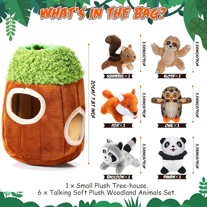 Skylety 7 Pieces Hide and Seek Dog Toys Activity Puppy Chew Squeaky Toys Plush Stuffing Burrow Woodland Stuffing with Squeakers for Small Medium Pets Dogs Puppy Gift(Cute,Small)