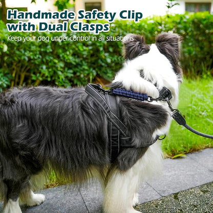 PetBonus Dog Collar Safety Clip, Handmade Backup Safety Strap for Dog Harness, Prong, Pinch Collar, Double Ended Clasp Leash Connector (Navy Blue)