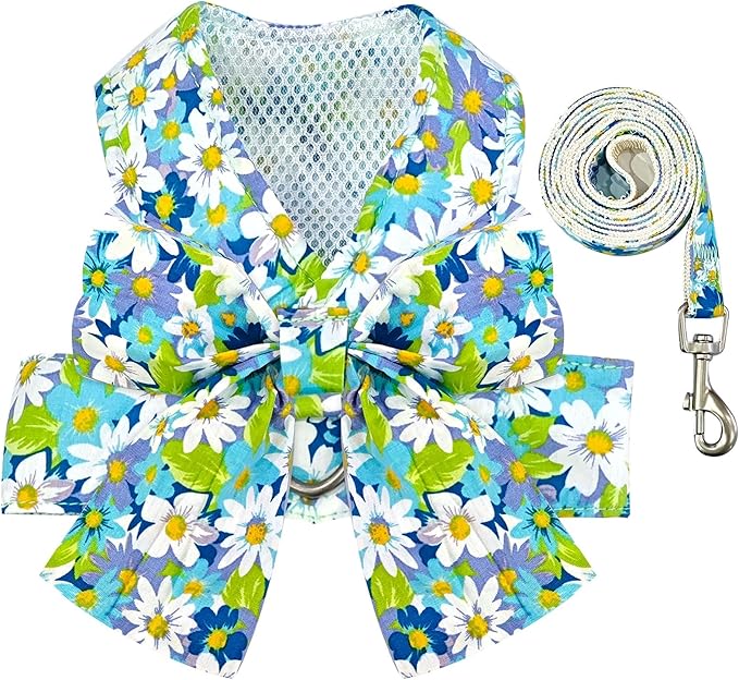 BAEJMJK Dog Harness and Leash Set with Bow Knot No Pull Pet Daisy Floral Harness with D-Ring Soft Mesh Dog Harness Vest Set Escape Proof Princess Puppy Harness for Small Girl Dogs Cats（Blue A L）