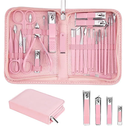 Nail Clippers Set, 26 Piece Manicure Set & Pedicure Kit, Stainless Steel Fingernail & Toenail Clipper Cutters, Professional Nail Care Tools with Luxurious Travel Case for Men and Women, Pink