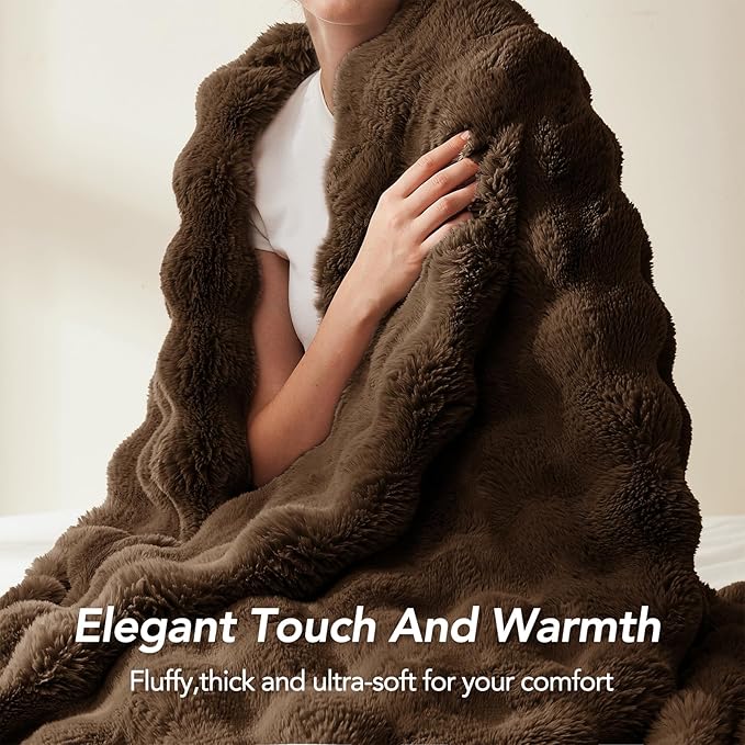 L'AGRATY Faux Rabbit Fur Blanket: 50" x 60" Luxury Soft Fluffy Thick Fur Throw Blanket for Couch Bed Sofa - Cozy Plush Bubble Blankets for Winter: Warm Flannel Fleece Decorative Blanket(Cocoa Brown)
