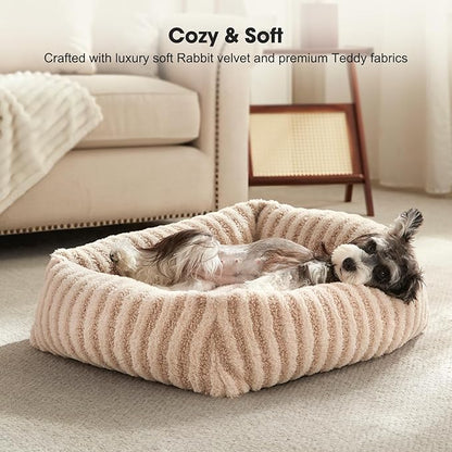 MIXJOY Dog Bed for Medium Small Size Dog, Washable Medium Dogs Bed with Removable Cover, Rectangle Doggy Ded Fluffy Plush Faux Fur Pet Bed with Anti-Slip Bottom, 25"x21"x7", Beige