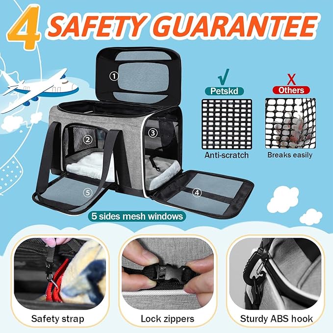 Petskd Top-Expandable Pet Carrier 18x13x9.5 Inches Southwest Airline Approved, Soft-Sided Carrier for Small Cats and Dogs with Locking Safety Zippers and Anti-Scratch Mesh(Grey)