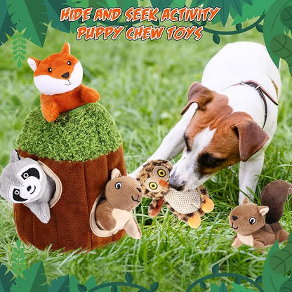 Skylety 7 Pieces Hide and Seek Dog Toys Activity Puppy Chew Squeaky Toys Plush Stuffing Burrow Woodland Stuffing with Squeakers for Small Medium Pets Dogs Puppy Gift(Cute,Small)