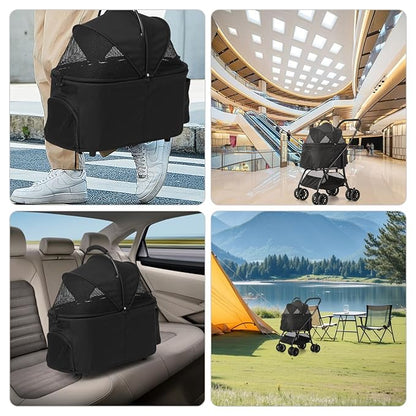 Pet Stroller Quickly Folds for Easy Storage Cat Stroller with Detachable Carrier Thickened Oxford Cloth Breathable Basket Dog Strollers for Small Dogs (Black)