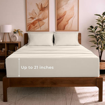 Mellanni King Sheet Set - 6-Piece Iconic Collection Bedding, (Including 4 Pillowcases), 21-Inch Extra Deep Pocket, Easy Care, Ultra Soft, Cooling Sheets, Brushed Microfiber - Golden Ivory