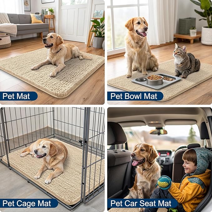 Smiry Dog Door Mat for Muddy Paws 54x24, Absorbs Moisture and Dirt Doormat, Non-Slip Washable Quick Dry Chenille Front Door Mat Indoor Entrance, Entryway Carpet for Inside Floor, Beige