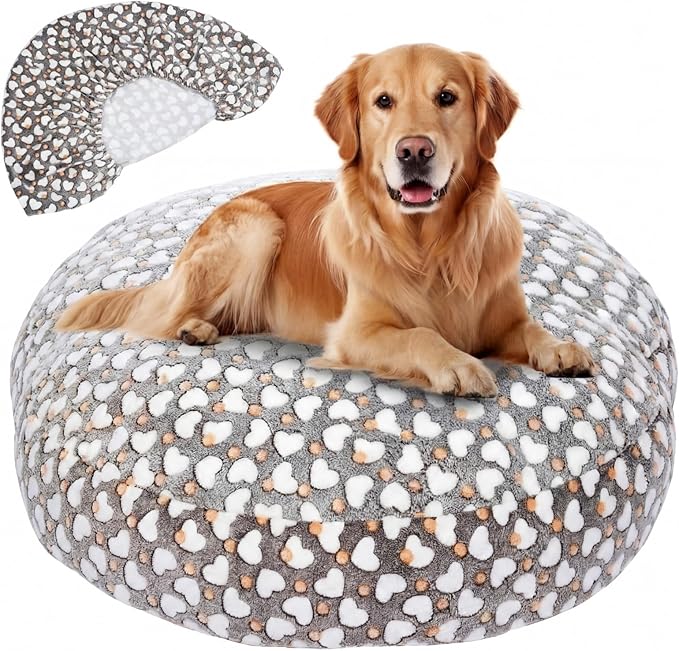 Youyole Large Washable Round Dog Bed Cover Replacement Waterproof 45 x 45 x 11 in Round Donut Bed Cover for Dog Gray Pet Beds Protector Sheet with Lovely Heart Print for Donut Beds & Pet Couch