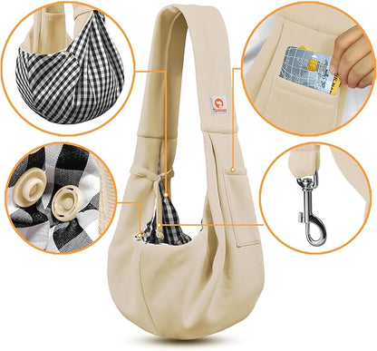 Tomkas Small Dog Sling Carrier - Classic Pocket & Classic Strap - for 3-10 lbs Pets(Cream)