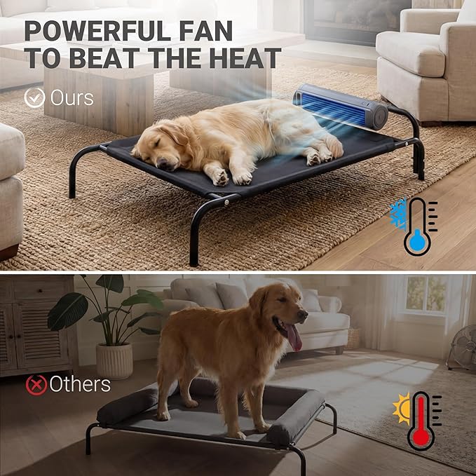 Tailwaggz Elevated Outdoor Dog Bed with Fan - Cooling Dog Bed for Large Dogs, Waterproof Cot Easy to Assemble, 3 Wind Speed, Raised Dog Bed with Washable Mesh Cover, Durable, Non Slip, Up to 85 lbs