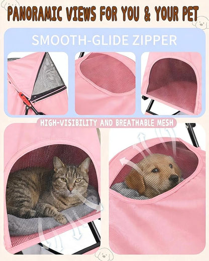 Pet Stroller for Small Medium Dogs Cats - Lightweight 10lbs Foldable Dog Stroller, Breathable Mesh & Safety Tether, 33lbs Capacity with Locking Wheels, Storage Basket for Outdoor Walks-Pink