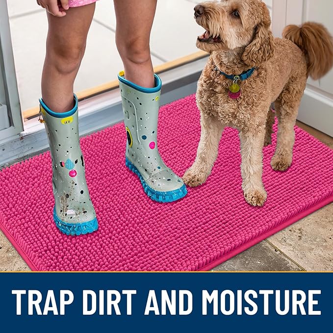 Smiry Dog Door Mat for Muddy Paws 59x35, Absorbs Moisture and Dirt Doormat, Non-Slip Washable Quick Dry Chenille Front Door Mat Indoor Entrance, Entryway Carpet for Inside Floor, Hot Pink