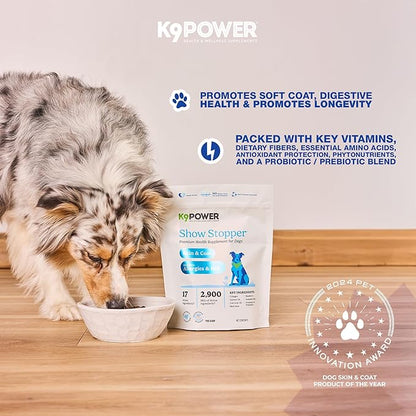 K9Power Show Stopper 8 oz– Awarded #1 Dog Skin & Coat Product – Supports Allergy Relief, Itchy Skin, Shedding, Dull Coat – Salmon Oil, Collagen, Kelp, Zinc, Probiotics, Beet Juice, Vitamin C