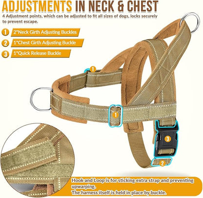 SlowTon No Pull Dog Harness - Heavy Duty Dog Harness and Leash Set for Medium Large Dogs, Reflective Tactical Harness with Soft Padded and Front Clip for Easy Walk and Training (Tan S)
