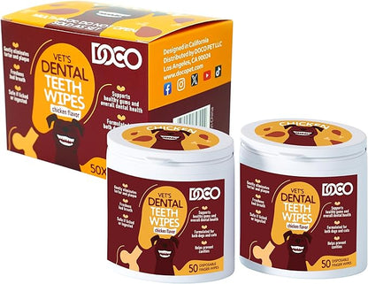 DOCO Pet Dog Teeth Cleaning Wipes – Deodorizing Finger Wipes for Dogs & Cats | Helps Reduce Plaque & Tartar Buildup, Supports Fresh Breath, No Rinse (Chicken, 100 Count)