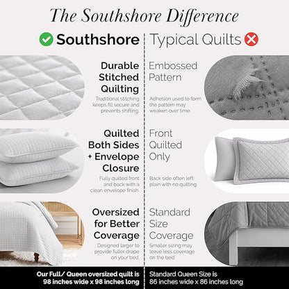 Southshore Fine Living, Inc. Queen Quilt Set, Full Size Bedspread with 2 Matching Pillow Shams, Soft Microfiber Lightweight Quilts, Queen Size Coverlet, Easy Care Quilted Bedding, Light Grey Quilt