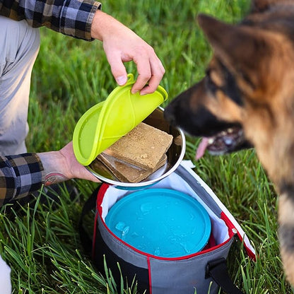 Messy Mutts 6-Piece Set | Three Stainless Steel Bowls and Three Colorful Silicone Lids | Sealable Travel Containers | Portable Food/Water Dishes for Pets | Extra-Large, 6 Cups