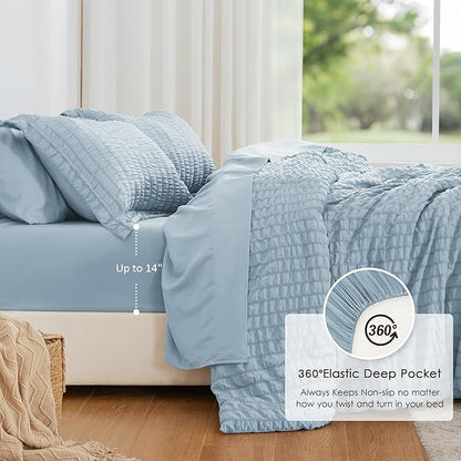 Love's cabin Seersucker Light Blue Twin XL Comforter Set, 5-Piece All Season Lightweight Bed in a Bag Bedding Set with Comforter, Flat Sheet, Fitted Sheet, Pillowcase and Sham | Soft, Breathable, Lightweight