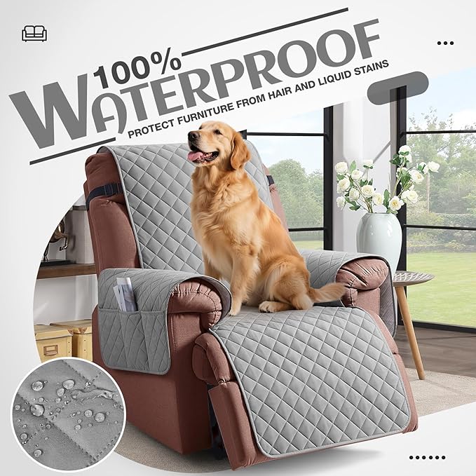 KinCam 100% Waterproof Recliner Chair Cover, Reclining Couch Covers for Pets, Dogs, Recliner Couch Slipcover Furniture Protector with Elastic Straps for Kids(30", Light Gray)