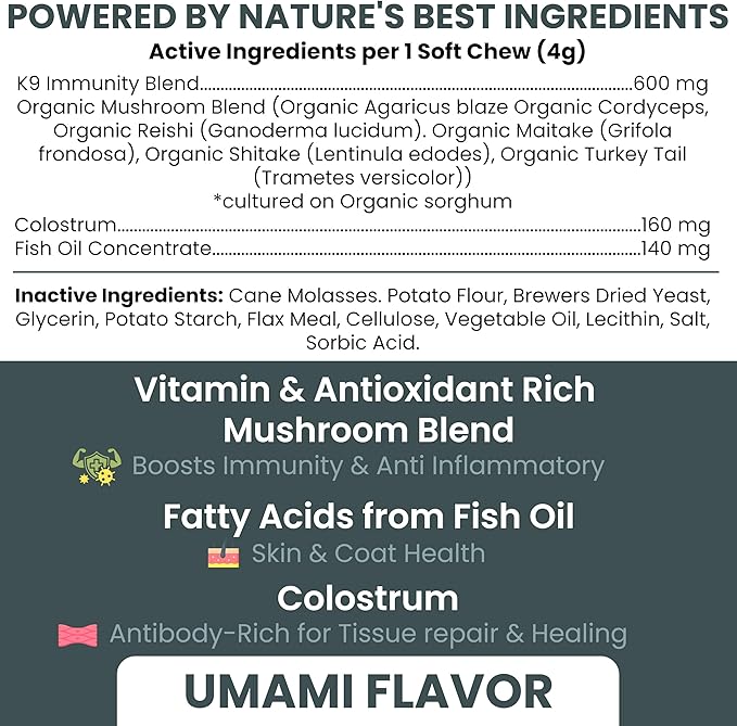 Immune Support Mushroom Complex, 90 Soft Chews - Mushroom Supplement for Dogs with Organic Turkey Tail, Shiitake, Reishi, Colostrum, and Fish Oil - Made in the USA