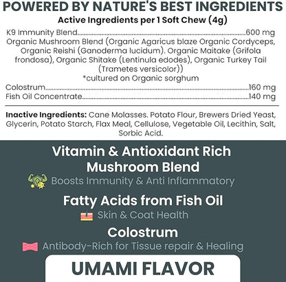 Immune Support Mushroom Complex, 90 Soft Chews - Mushroom Supplement for Dogs with Organic Turkey Tail, Shiitake, Reishi, Colostrum, and Fish Oil - Made in the USA