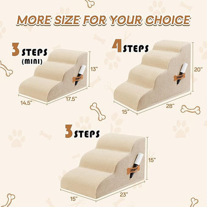 Romrol Dog Stairs Ramp for High Beds Couches, High Density Foam Pet Steps with Durable Non-Slip Waterproof Fabric Cover, Dog Stairs for Small Dogs or Cats or Pets, 3-Step,15 Inch,Beige