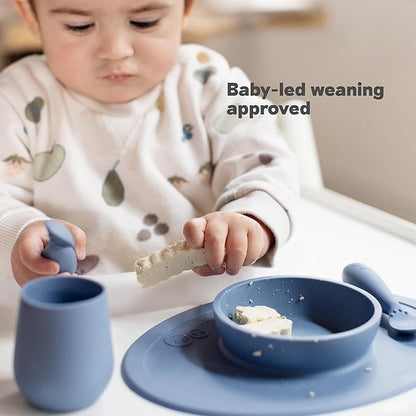 ezpz Tiny Bowl (Blue) - 6 Months+ - 100% Silicone Suction Placemat + Bowl for Infants - Fits All Highchair Trays - Baby-Led Weaning Supplies