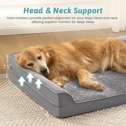 COZY KISS Orthopedic Dog Bed for Extra Large, XXL Dogs Bed, L Shaped Foam Anti-Slip Bottom Giant Pet Cat Sofa with Washable Cover, Suitable for Pet Up to 150 lbs, 48x32x7.5 inch, Grey