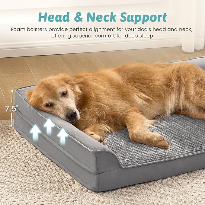 COZY KISS Orthopedic Dog Bed for Extra Large Dog 44x32 inch, XL Pet Sofa, Bolster Foam Bed with Sides, Non-Slip and Egg-Crate Big Dog Couch Bed with Washable Removable Cover, Grey