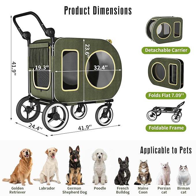 kepptory Dog Stroller with Large Dog House, XL Pet Stroller for 2 Small Dogs with Panoramic Sunroof, Adjustable Handle, Storage Organizer and Sturdy Metal Frame,32.4Lx19.3Wx23.6H(House Size)