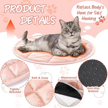 Drydiet 2 Pcs Self Warming Cat Mat Round Self Heating Pad Bed Reversible Machine Washable Heated Bed Anti Slip Warming Pad Pet Mat for Cat Crate Indoor Outdoor(Pink,16 Inch)