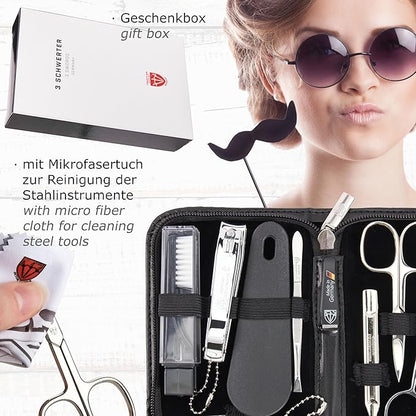 3 Swords Germany - brand quality 10 piece manicure pedicure grooming kit set for professional finger & toe nail care tweezers file clipper fashion leather case in gift box, Made by 3 Swords (02570 )