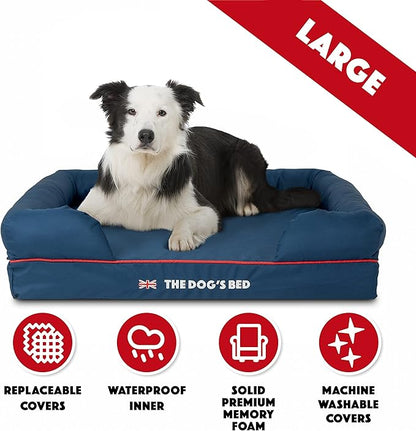 The Dog’s Bed Orthopedic Memory Foam Dog Bed with Bolsters for Large Dogs, High Density Support Mattress, Low Front Entry, Removable Washable Cover, Oxford Fabric, Blue with Dark Red Trim, Large