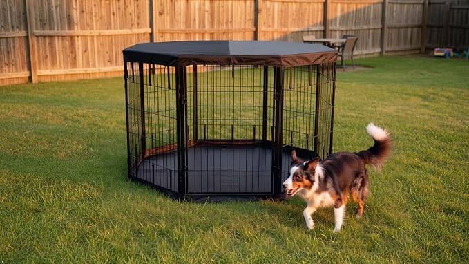 Dog Playpen w/Octagon Bottom Pad & Top Cover - 24 inch, 8 Panel Portable Black Metal Pet Play Pen for Small Dogs & Puppies - Indoor/Outdoor Kennel Cage for Home, Yard, RV, or Camping