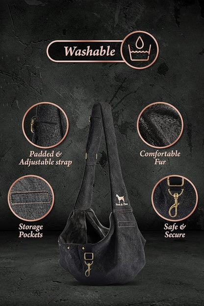 Noah & Paw Dog Sling Carrier for Small Dogs 3-10lb, Dog Sling for Small Dogs and Cats, Dog Carrier with Adjustable Padded Strap, Premium Denim, Lined with Fur, Double Safety Feature, Machine Washable