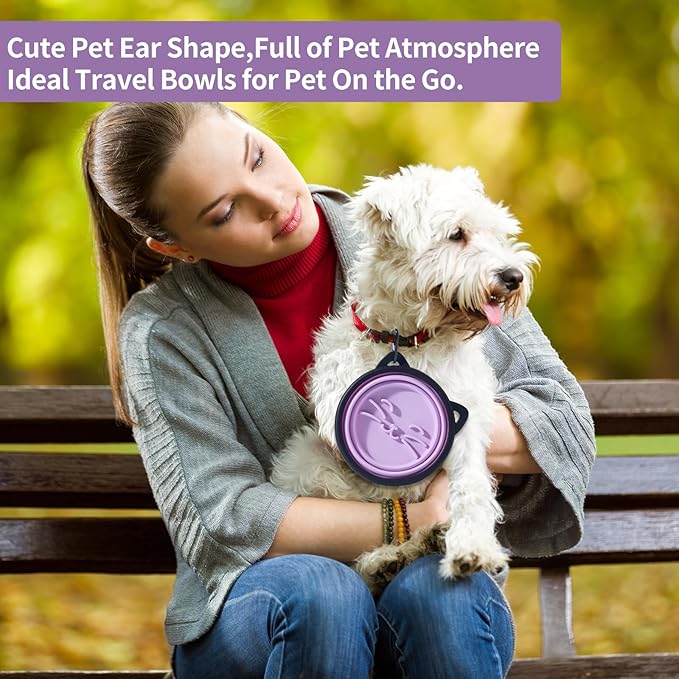 2Pack Silicone Collapsible Dog Bowls, Cute Pet Ear Shape and Cat Graphic Travel Water Bowl Full of Pet Atmosphere 25oz Portable Feeder for Small Large Dog Walking Hiking Camping (Purple and Grey)
