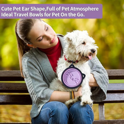 2Pack Silicone Collapsible Dog Bowls, Cute Pet Ear Shape and Cat Graphic Travel Water Bowl Full of Pet Atmosphere 25oz Portable Feeder for Small Large Dog Walking Hiking Camping (Purple and Grey)