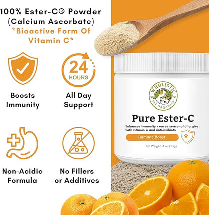 Wholistic Pet Organics Ester-C Powder for Dogs & Cats - Cat & Dog Allergy & Itch Relief - Vitamin C Immune Support Supplement - Itchy Skin Support for Seasonal Dog Allergy Relief - 4 oz - 113 Scoops
