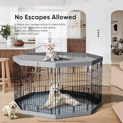 PJYuCien Dog Playpen with Top Cover and Bottom Pad - Metal Foldable Exercise Pen, 8 Panels 42" H x 24" W Indoor Outdoor Pet Fence Puppy Crate Kennel, Gray