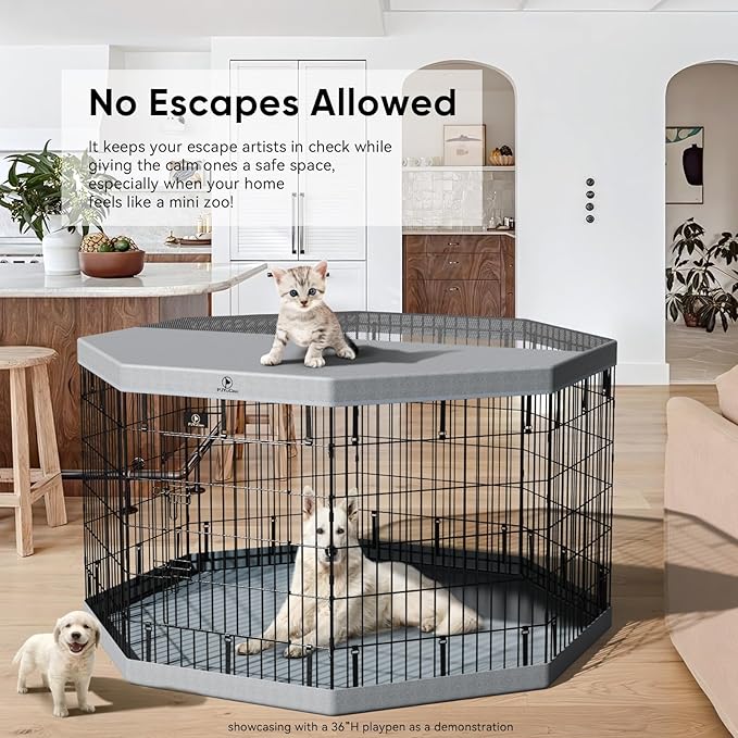 PJYuCien Dog Playpen with Top Cover and Bottom Pad - Metal Foldable Exercise Pen, 8 Panels 30" H x 24" W Indoor Outdoor Pet Fence Puppy Crate Kennel, Gray