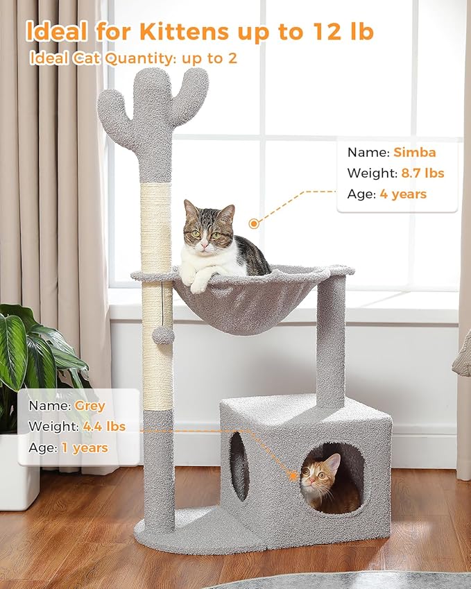MUTTROS Cactus Cat Tree Cat Scratching Post 40" Cat Tower with Large Metal Carpet Hammock, Cat Scratching Post for Indoor Cats with Condo& Dangling Ball, Grey