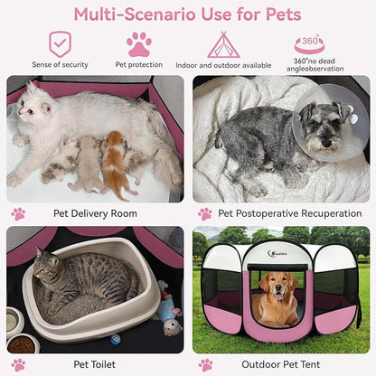 Siedihit Pink Puppy Playpen for Large Dog Cat, Dog Tent Crates Cage Indoor/Outdoor, Portable Pop Up Dog Kennel with Carrying Bag for Rabbits, (Pink, Large)