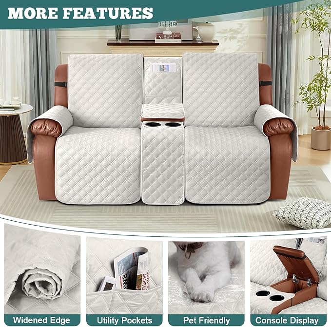 Ruaozz Waterproof Loveseat Recliner Cover with Console Non-Slip Reclining Couch Covers Split Sofa Slipcovers with Elastic Straps Furniture Protector for Kids, Dogs, Pets (Beige,2 Seater)